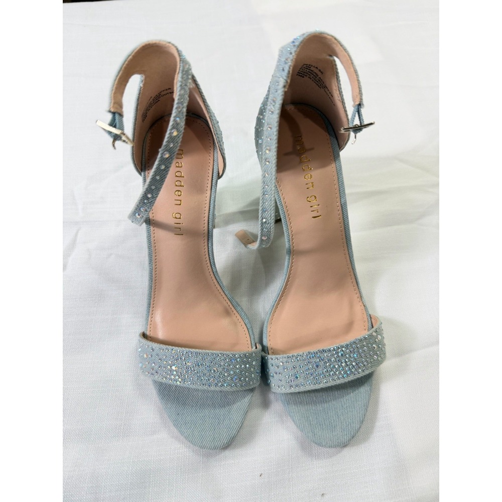 Madden Girl Beella SR Heels Denim Rhinestone Ankle Strap Sandals Sz 6 New